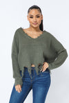 Women's V-Neck Long Sleeve Cropped Distressed Sweater