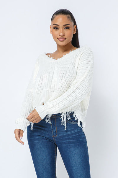 Women's V-Neck Long Sleeve Cropped Distressed Sweater