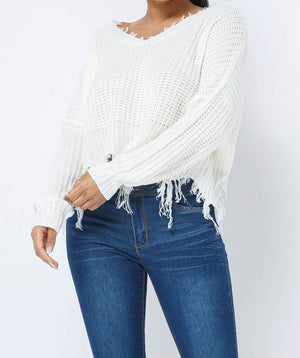 Women's V-Neck Long Sleeve Cropped Distressed Sweater