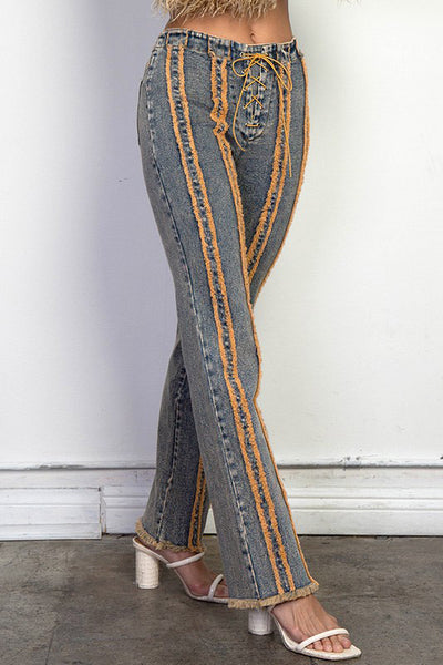 High Rise Straight Jeans with Crisscross Lace Up