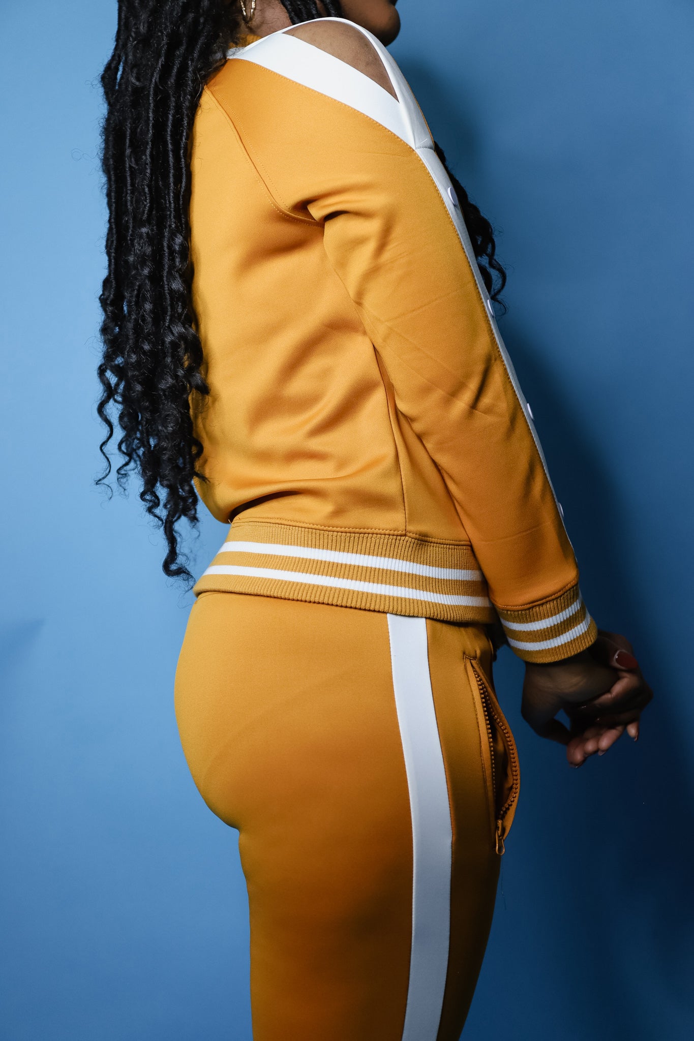 Mustard Stripe Track Suit with Double Side Zipper & Cold Shoulder Fit