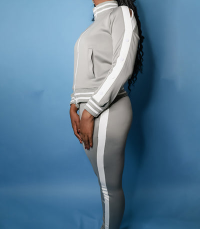 80's Tracksuit with a Twist, Cold Shoulders Sexy Fit! Stripe Pants Track Suit with Double Side Zipper.