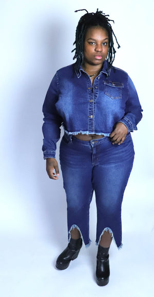 Thick- N- Curvy Fit Plus Size Women's Frayed Strap Crop Jean Jacket