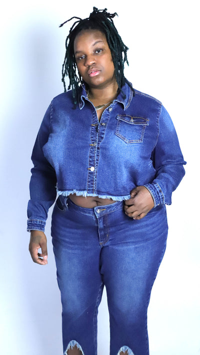 Thick- N- Curvy Fit Plus Size Women's Frayed Strap Crop Jean Jacket