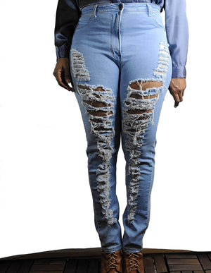 PLUS SIZE CURVY WOMEN'S HIGH WAIST DISTRESSED STRETCH JEANS