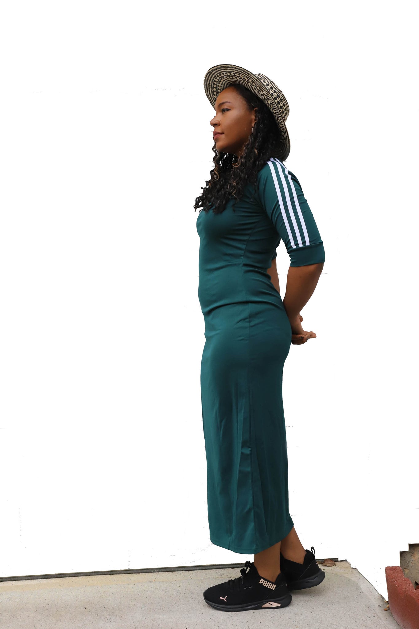 3 White Stripes on Half Sleeved Shoulder of Hunter Green Maxi Dress