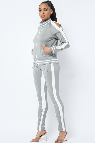 Gray Stripe Pants | Track Suit with Double Side Zipper | Linda Clay