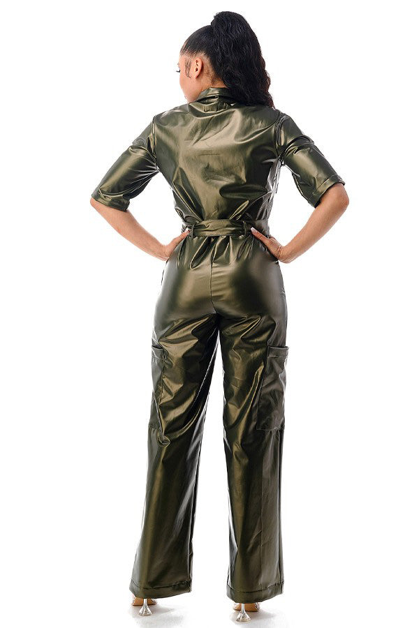 PLUS SIZE Trendy Faux Leather Jumpsuit