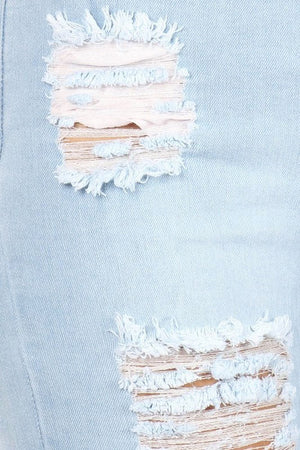 LIGHT BLUE HIGH WAIST DISTRESSED STRETCH SKINNY JEANS WITH BELL HEM