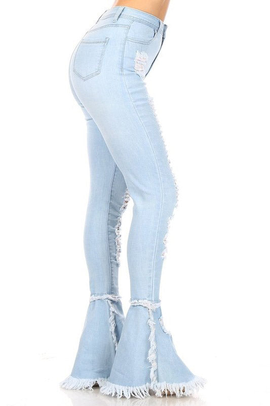 LIGHT BLUE HIGH WAIST DISTRESSED STRETCH SKINNY JEANS WITH BELL HEM