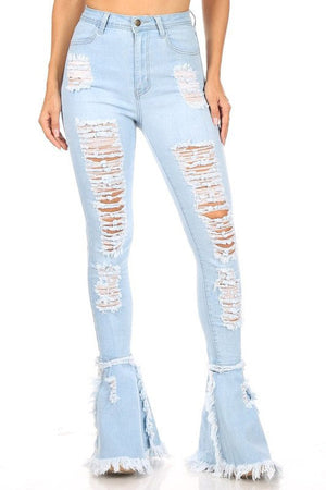 LIGHT BLUE HIGH WAIST DISTRESSED STRETCH SKINNY JEANS WITH BELL HEM