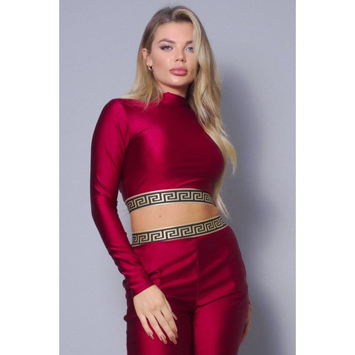 SEXY HIGH NECK LONG SLEEVE GEO TRIM CROP TOP (PANTS SOLD SEPARATELY)