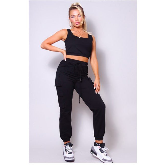 Elastic Bottom Crop Tank Top & Cargo Joggers Set