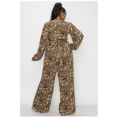LEOPARD LONG SLEEVE V-NECK TOP AND MAXI PANT 2-PIECE SET
