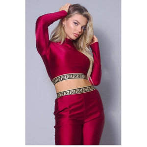 SEXY HIGH NECK LONG SLEEVE GEO TRIM CROP TOP (PANTS SOLD SEPARATELY)