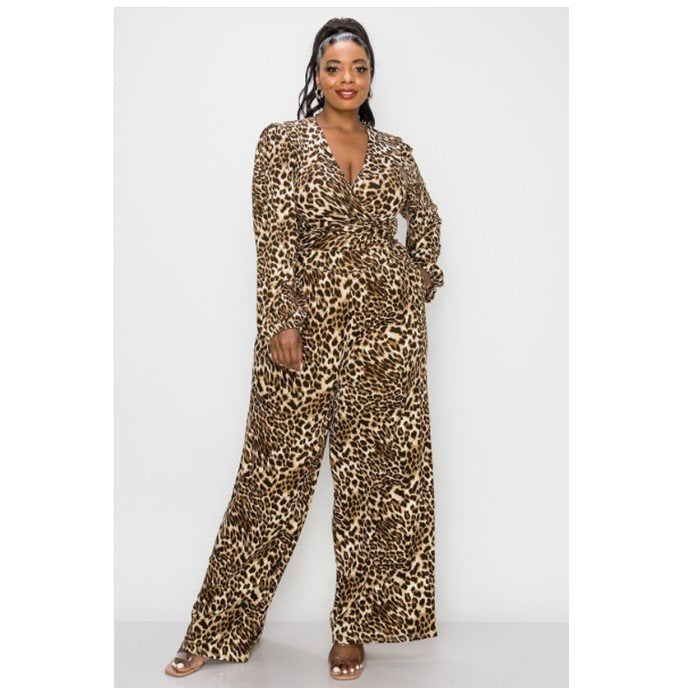 LEOPARD LONG SLEEVE V-NECK TOP AND MAXI PANT 2-PIECE SET