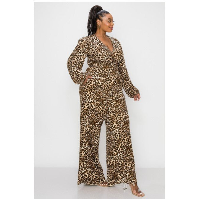 LEOPARD LONG SLEEVE V-NECK TOP AND MAXI PANT 2-PIECE SET