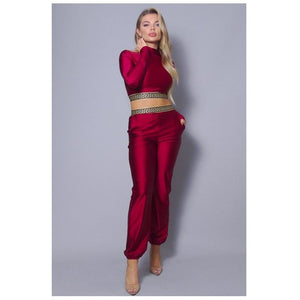 SEXY HIGH NECK LONG SLEEVE GEO TRIM CROP TOP (PANTS SOLD SEPARATELY)