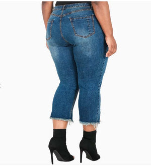 Thick-N-Curvy Fit Plus Size Women's Cropped Frayed Jeans