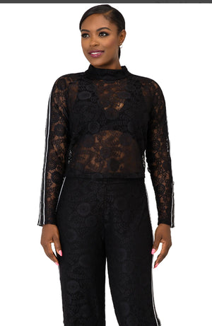 Thick- N- Curvy Fit Women's Black Lace Athletic Turtleneck Top