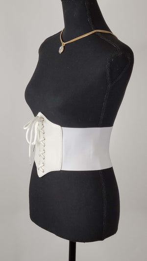 White Faux Leather Lace-Up Waspie Corset Belt