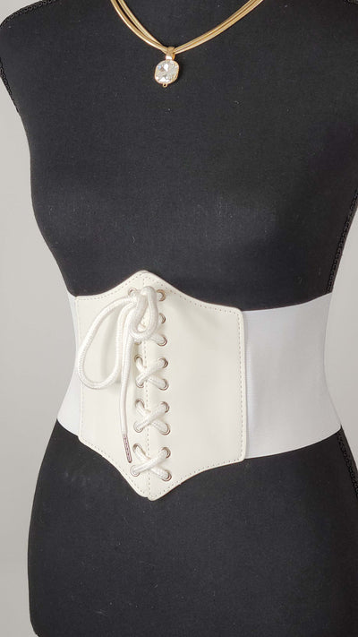 WHITE FAUX LEATHER LACE UP WASPIE CORSET BELT