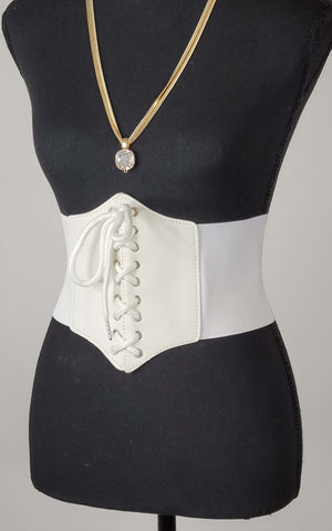 White Faux Leather Lace-Up Waspie Corset Belt