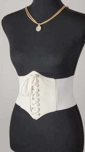 White Faux Leather Lace-Up Waspie Corset Belt