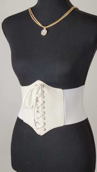 WHITE FAUX LEATHER LACE UP WASPIE CORSET BELT