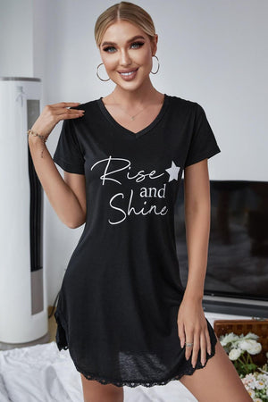 RISE AND SHINE Comfy Nightwear Contrast Lace V-Neck T-Shirt Dress Sleepwear