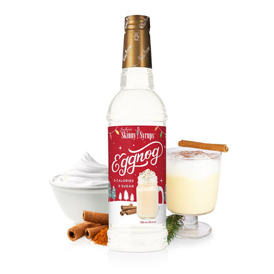 An image of a bottle of Sugar Free Egg Nog Syrup, featuring a festive label with a creamy eggnog illustration, inviting the holiday spirit with a guilt-free twist