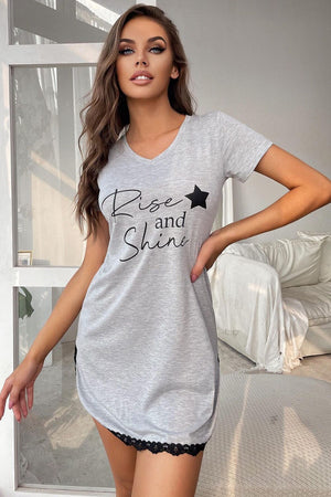 RISE AND SHINE Comfy Nightwear Contrast Lace V-Neck T-Shirt Dress Sleepwear